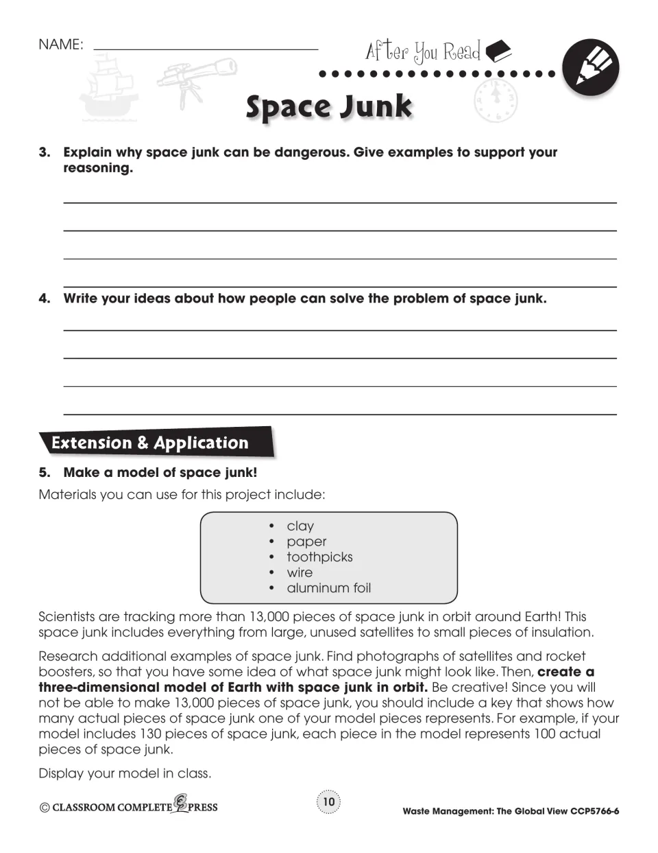 Second postreading page asks about space junk dangers, solutions, and building a three-dimensional Earth model
