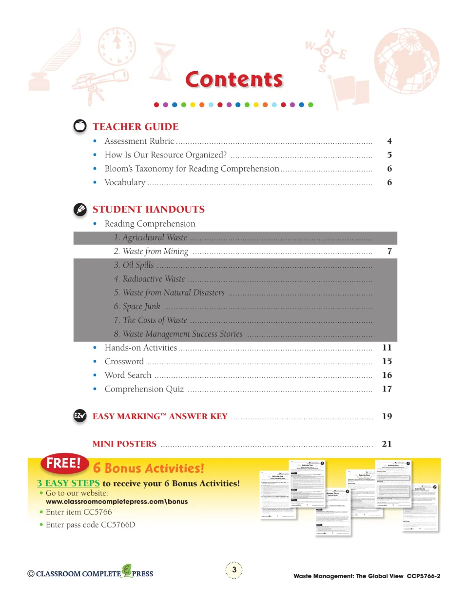 Contents identifies the mining chapter and lists teacher guidance, activities, a quiz, answers, and mini posters