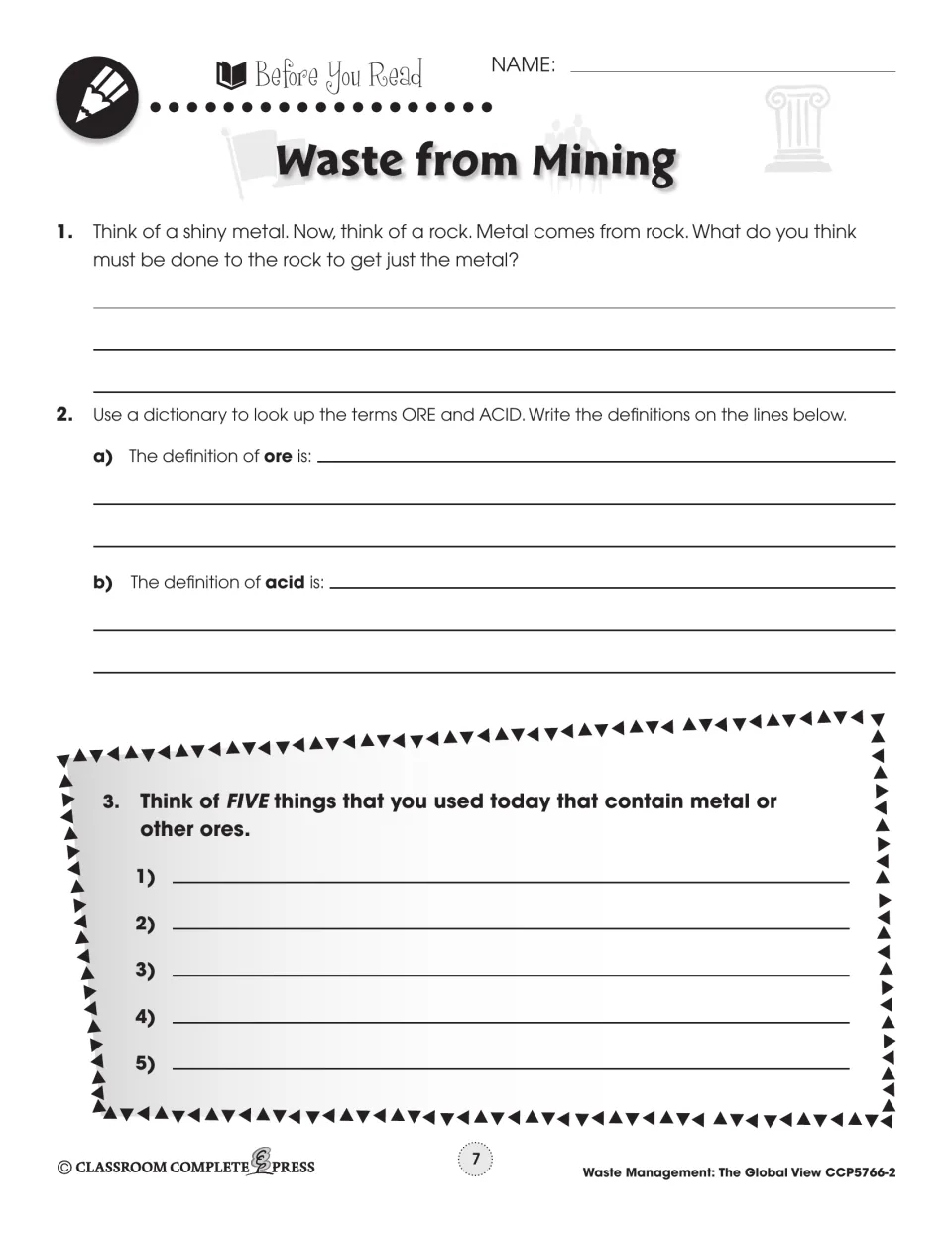 Prereading tasks ask how metal is removed from rock, define ore and acid, and list five items containing metal