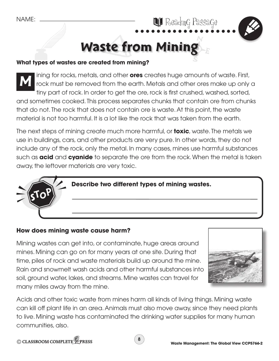 Mining reading passage explains waste rock, toxic processing waste, and harm to water, plants, animals, and people