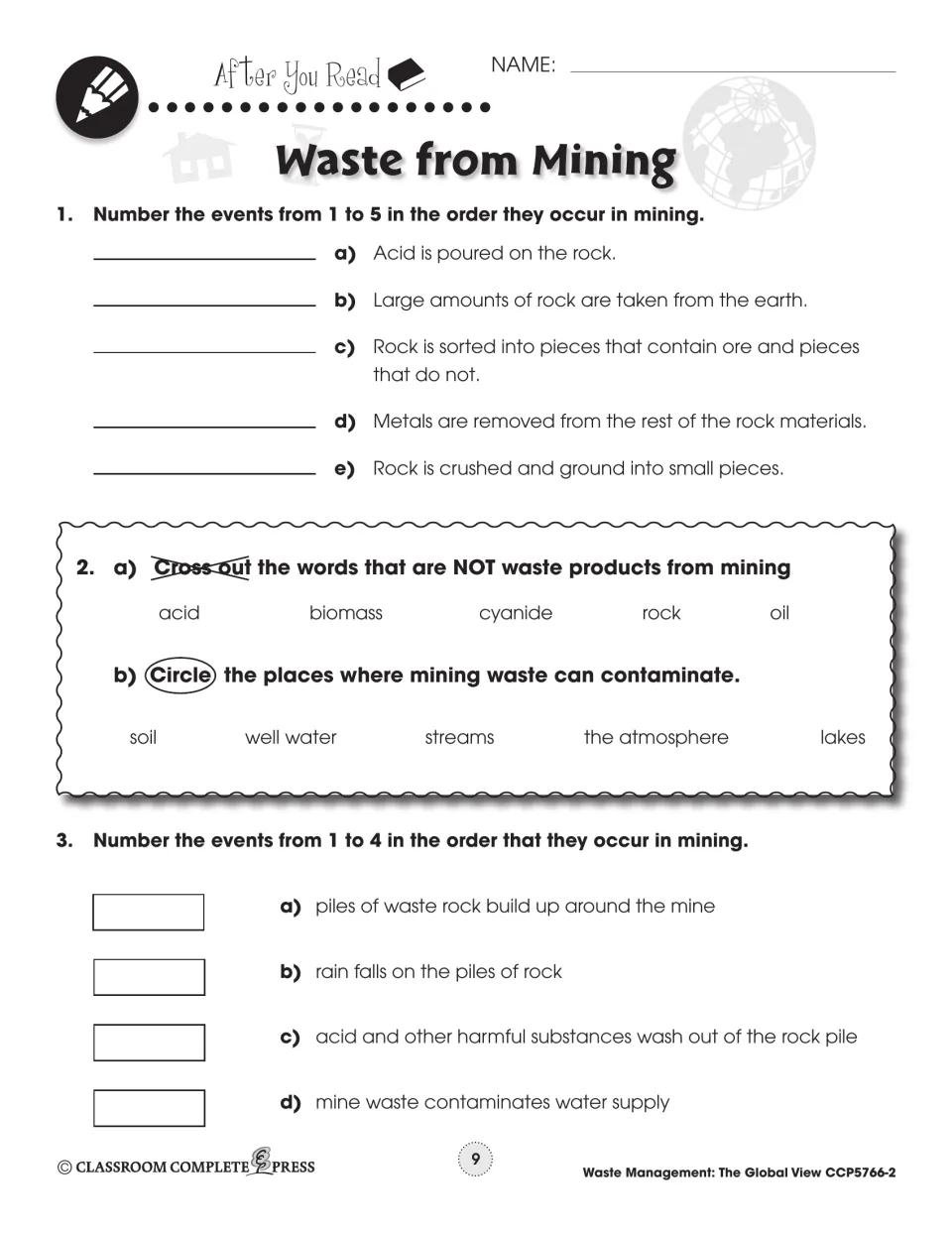 After-reading tasks sequence mining and contamination events and identify waste products and affected places