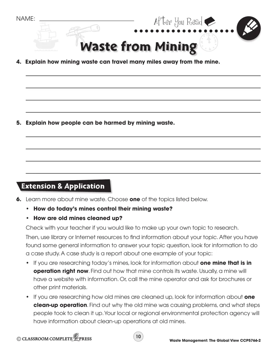 Follow-up questions address mining waste’s spread and human harm, followed by a mine-control or cleanup case study