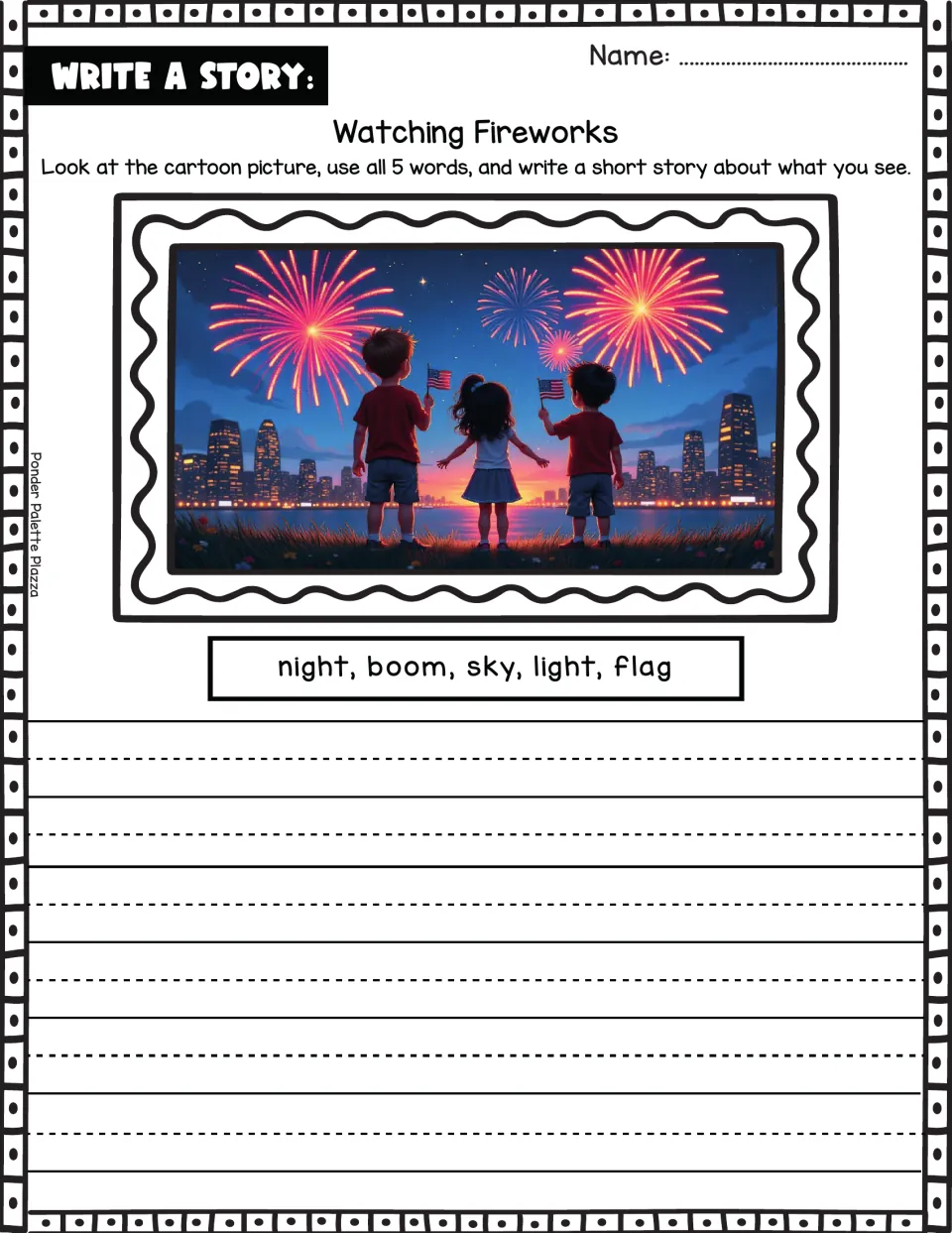 Fireworks story writing: students view kids waving flags at fireworks and use night, boom, sky, light and flag in a story