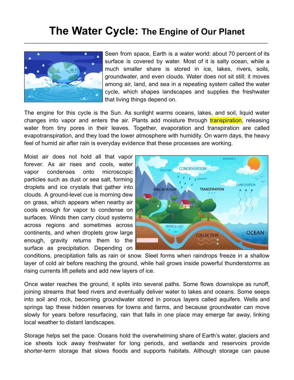 Water cycle reading passage, The Engine of Our Planet, with a diagram labeling evaporation, condensation and precipitation
