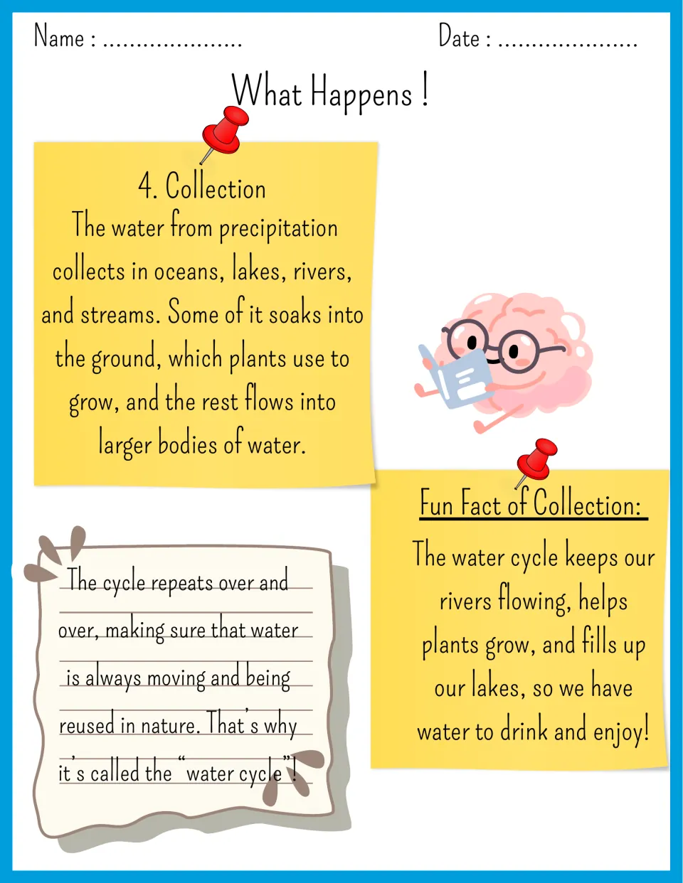 Collection reading: rain gathers in oceans, lakes and rivers or soaks into the ground, then the cycle repeats