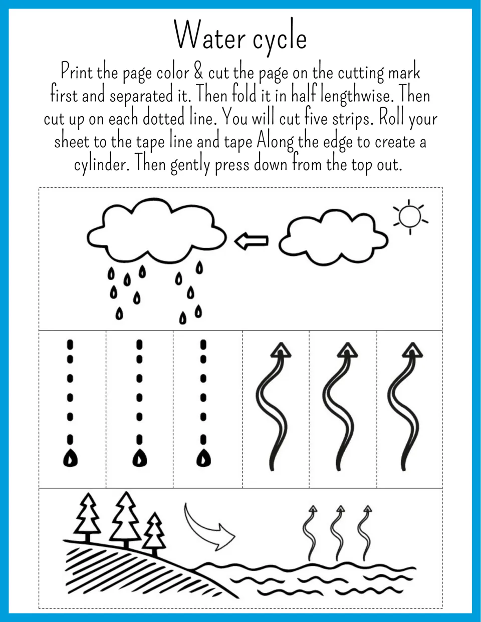 Water cycle paper cylinder craft: students color, cut, fold and roll strips of clouds, rain, vapor and a lake scene