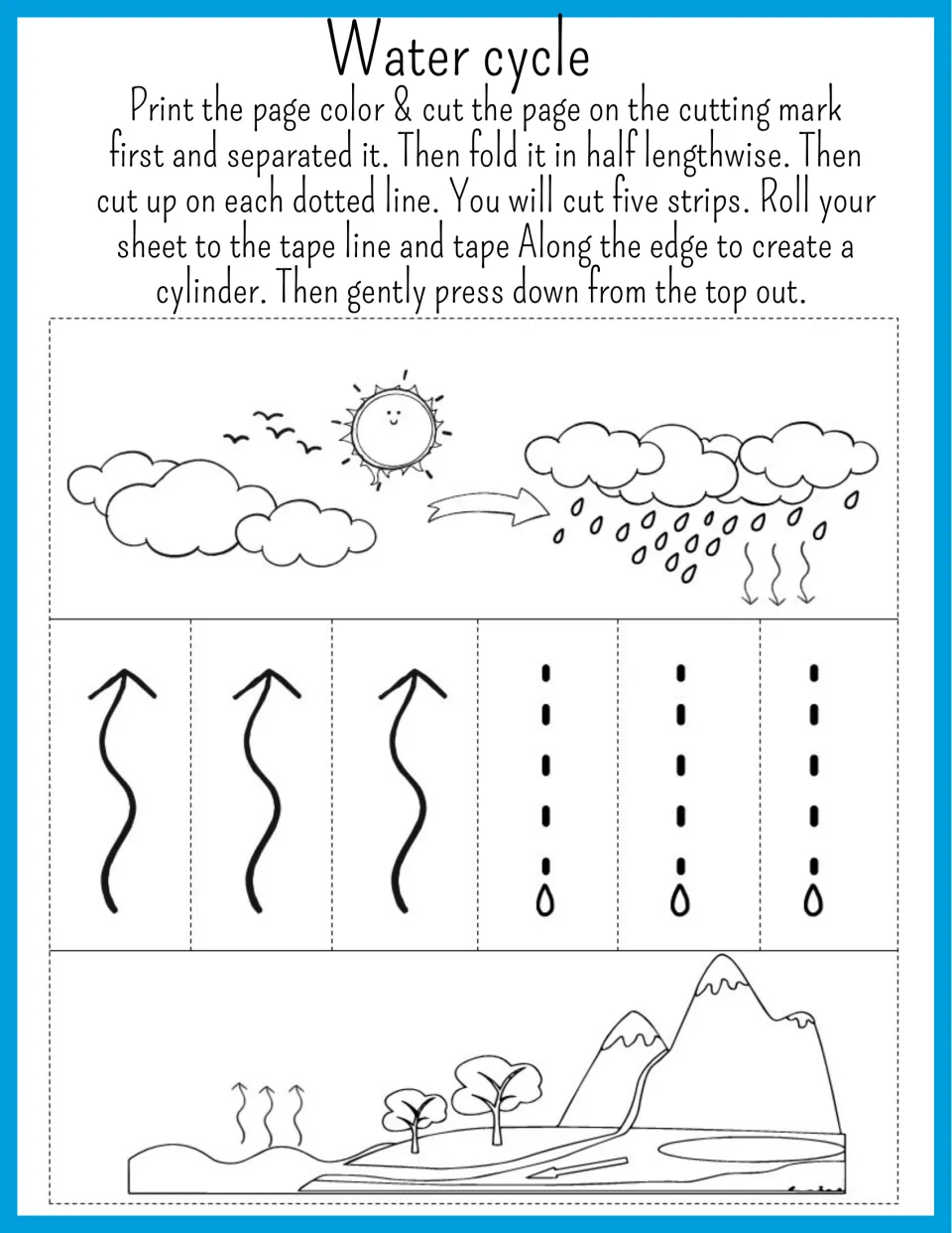 Second water cycle cylinder craft to color, cut and roll: sun and rain clouds, rising vapor, falling drops, mountain lake