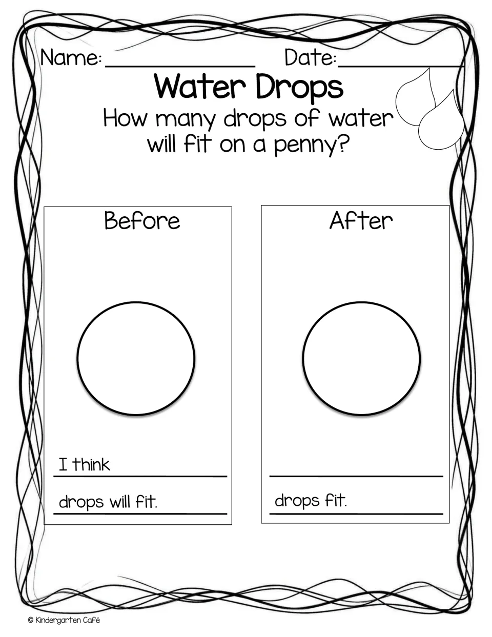 Water Drops penny experiment: students predict how many drops of water will fit on a penny, then record the actual count