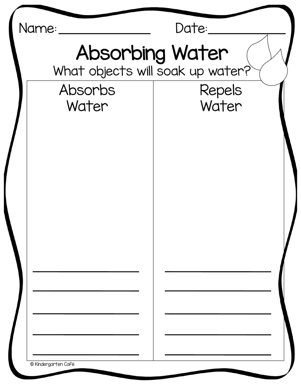 Absorbing Water: students test which objects soak up water and sort them into Absorbs Water and Repels Water lists