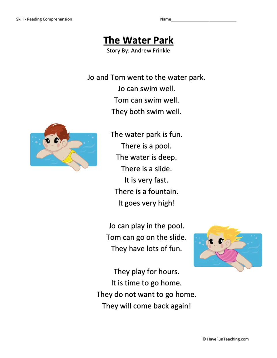 The Water Park story: students read a short text about Jo and Tom swimming, sliding and playing at a water park pool