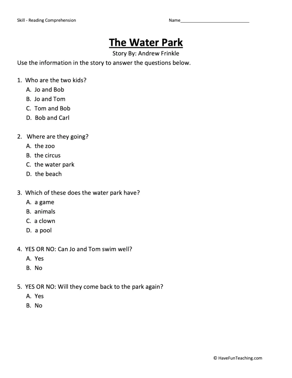 Reading comprehension quiz: students answer five multiple-choice and yes/no questions about Jo, Tom and the water park