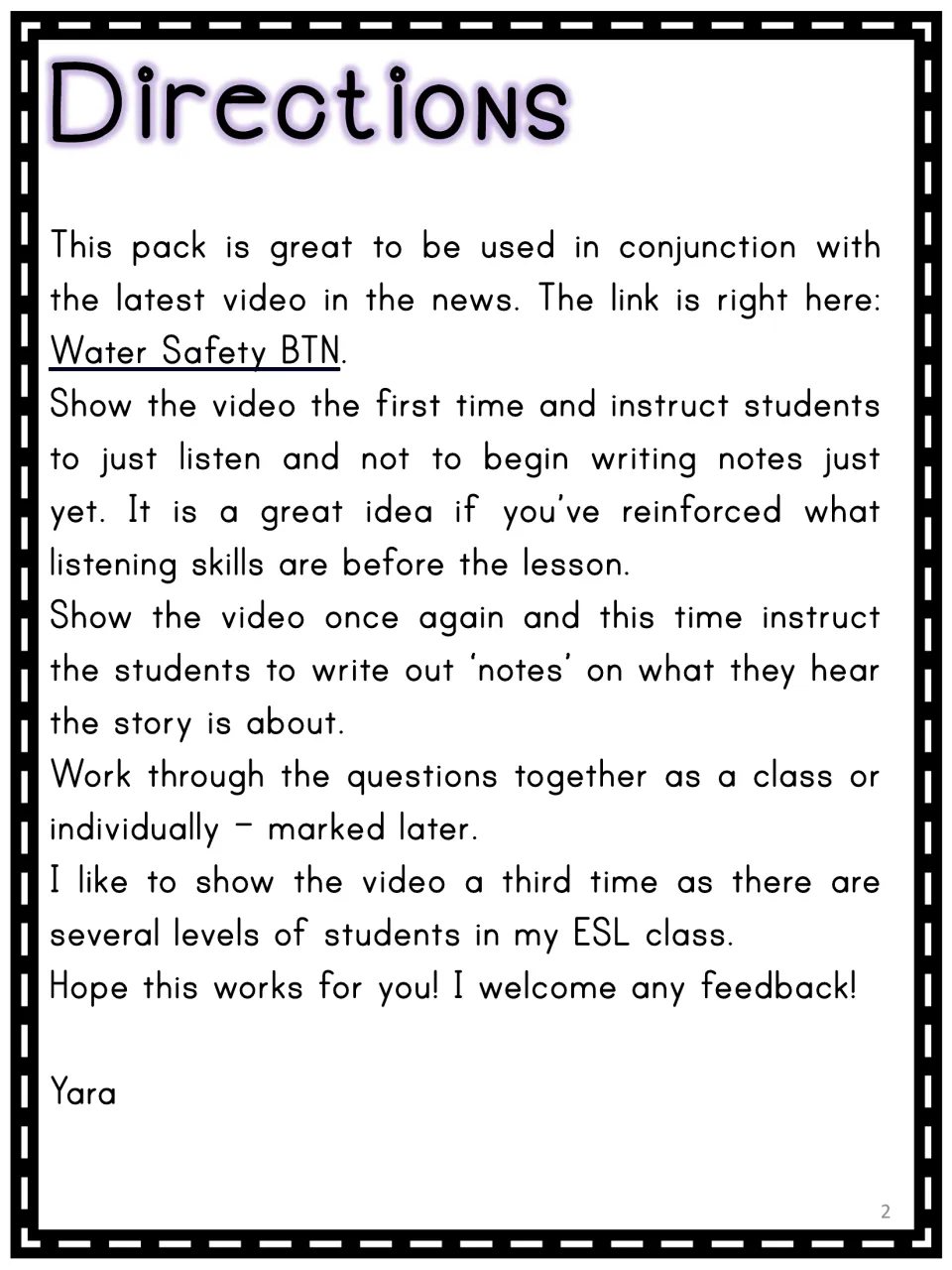 Teacher directions: play the Water Safety BTN video once to listen, again for note-taking, then work through the questions