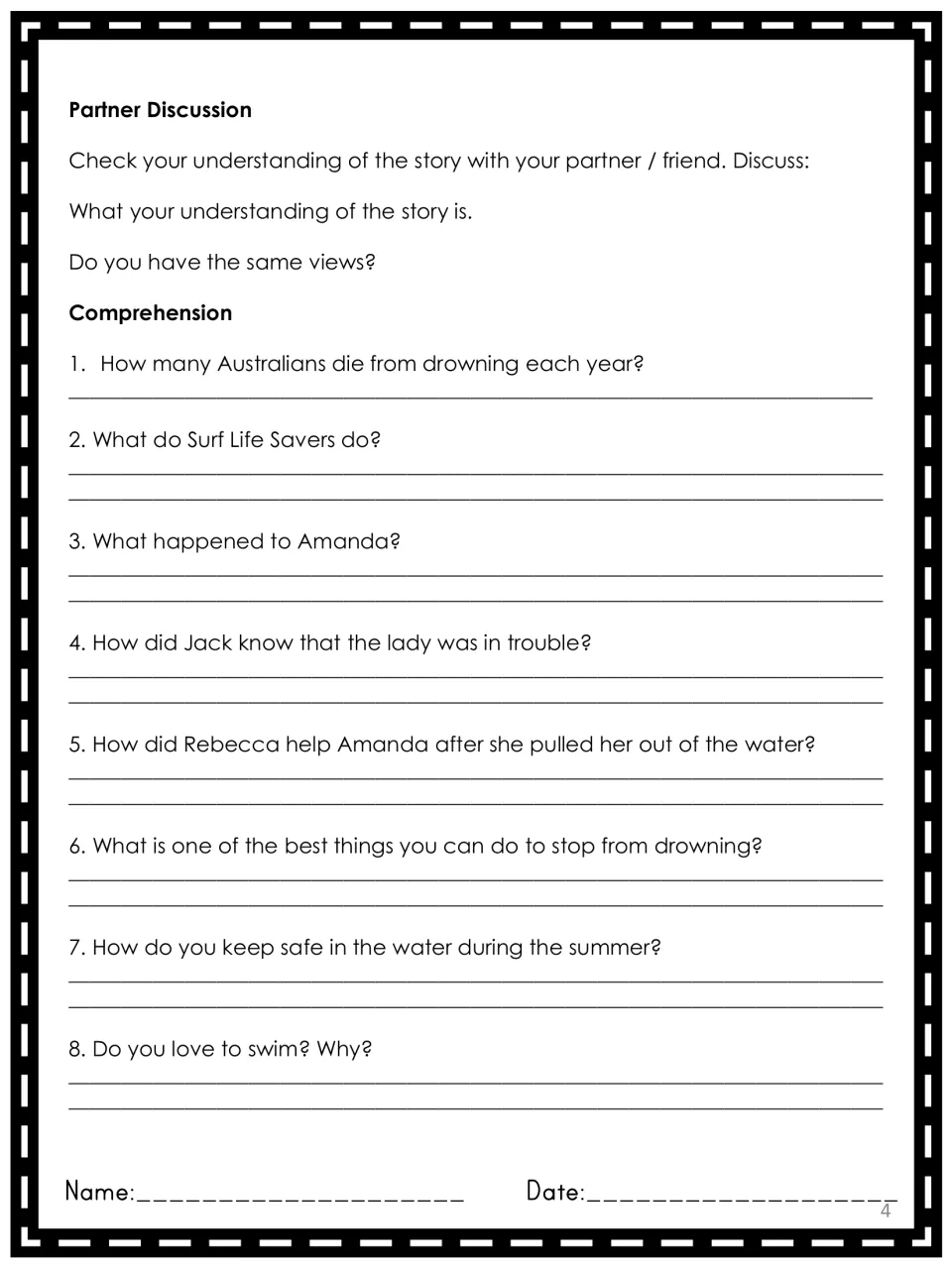 Partner discussion and 8 comprehension questions on drowning, Surf Life Savers and how Rebecca helped Amanda from the water