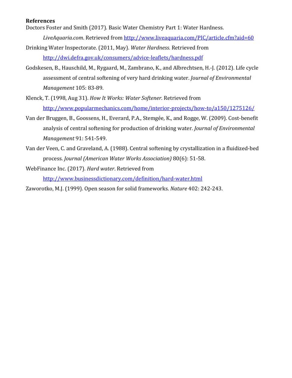 References list citing sources on water hardness and central softening, including journal articles and Popular Mechanics