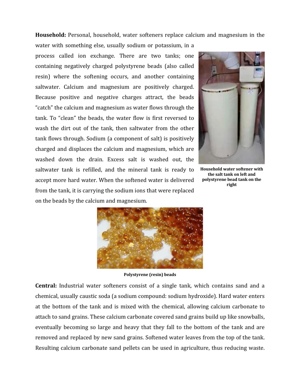 How household and central softeners work: resin-bead ion exchange in a two-tank home unit and sand with caustic soda