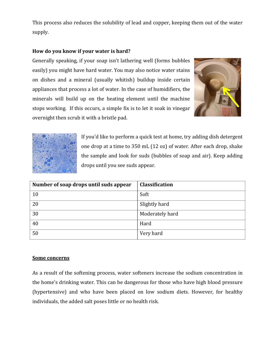 Signs of hard water, a soap-drop suds test with a table rating 10 to 50 drops from soft to very hard, and sodium concerns