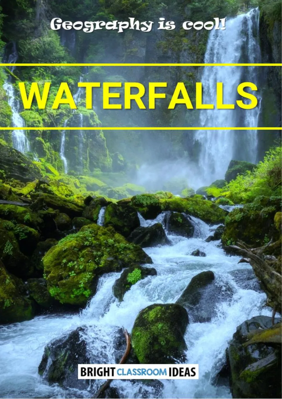 Cover of Waterfalls - Geography Is Cool! featuring a waterfall cascading through a mossy forest landscape