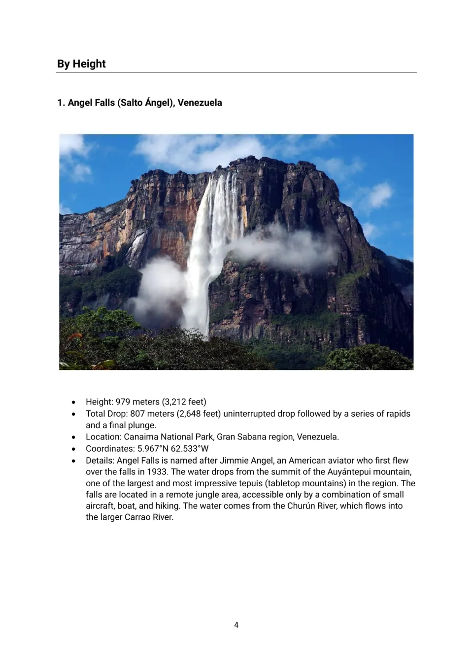 Height profile 1: Angel Falls in Venezuela, with a photograph, 979-meter height, location, and river details