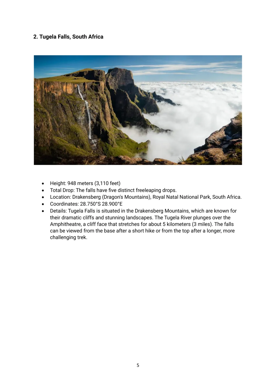 Height profile 2: Tugela Falls in South Africa, with a photograph, 948-meter height, and five distinct drops