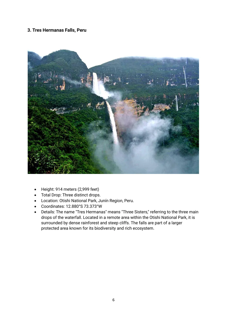 Height profile 3: Tres Hermanas Falls in Peru, with a photograph, 914-meter height, and three distinct drops