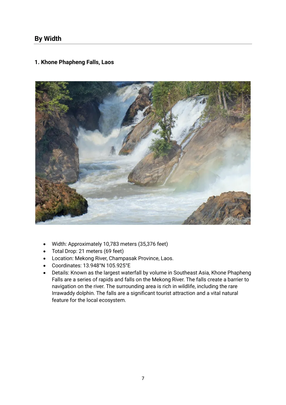 Width profile 1: Khone Phapheng Falls in Laos, with a photograph, 10,783-meter width, and Mekong River location