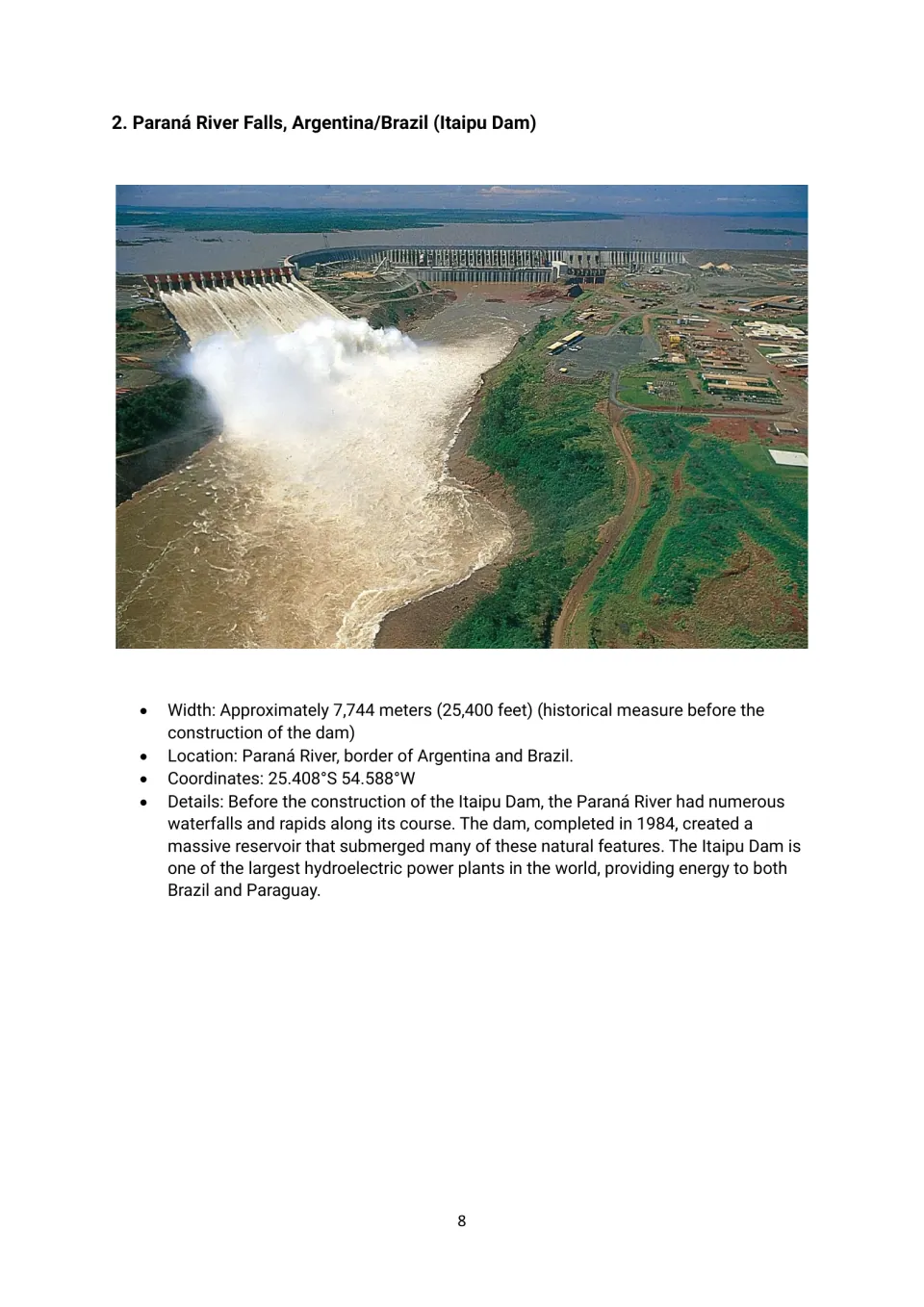 Width profile 2: Paraná River Falls, with an Itaipu Dam photograph and a listed historical width of 7,744 meters