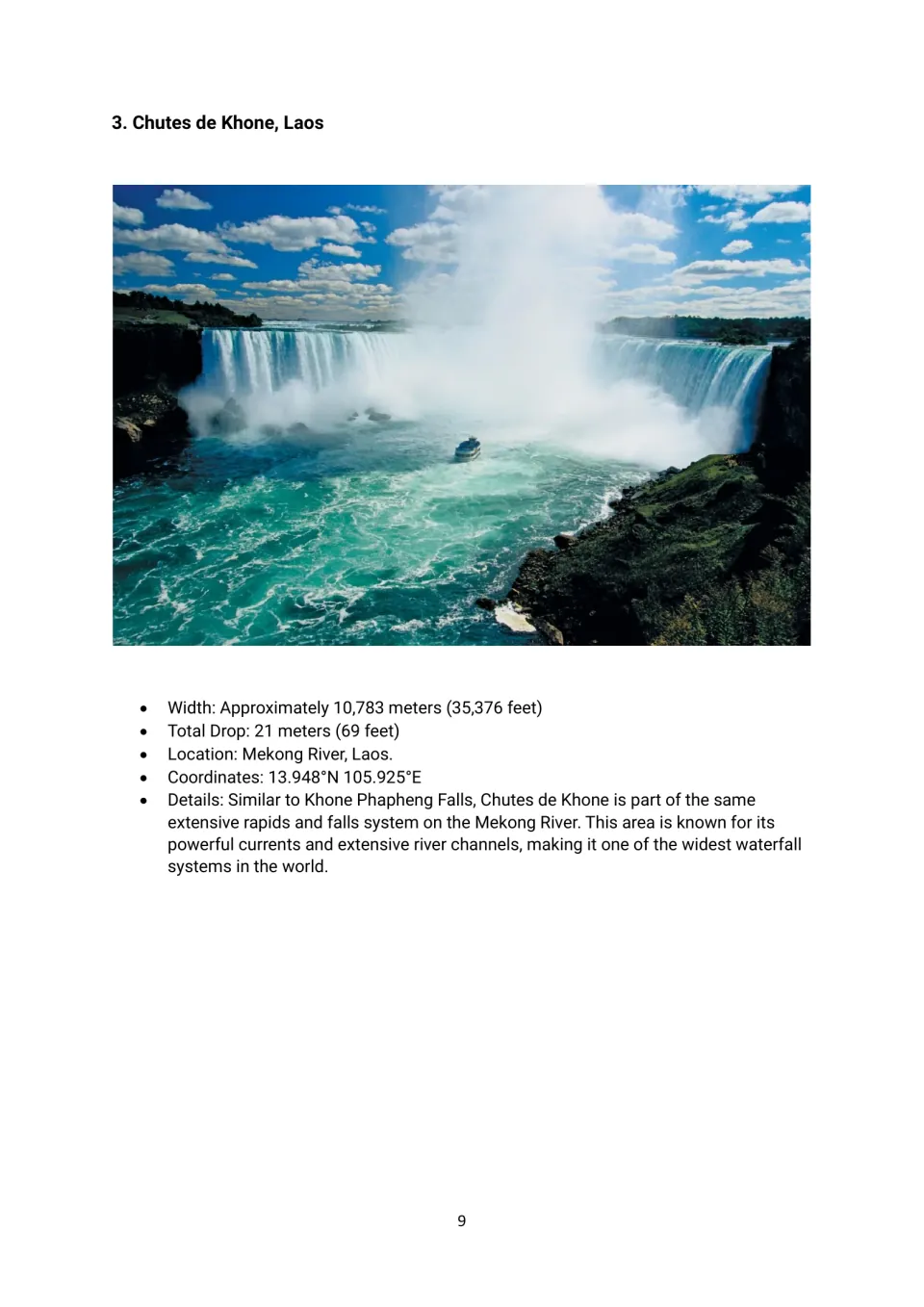 Width profile 3: Chutes de Khone, Laos, with a waterfall photograph, listed width, drop, and Mekong River details