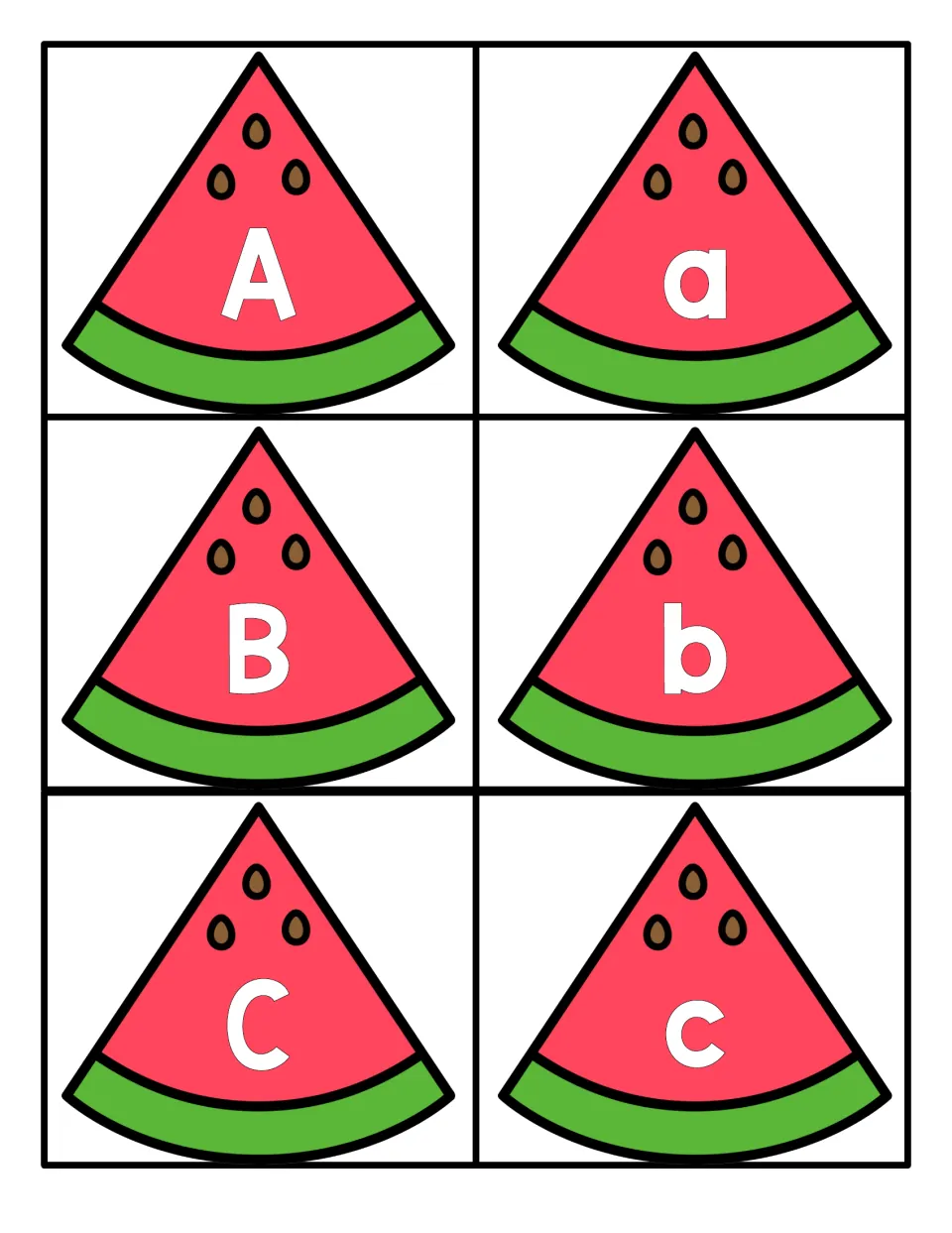 Letters A to C: six watermelon slice cards pairing uppercase A, B, C with lowercase a, b, c for letter recognition