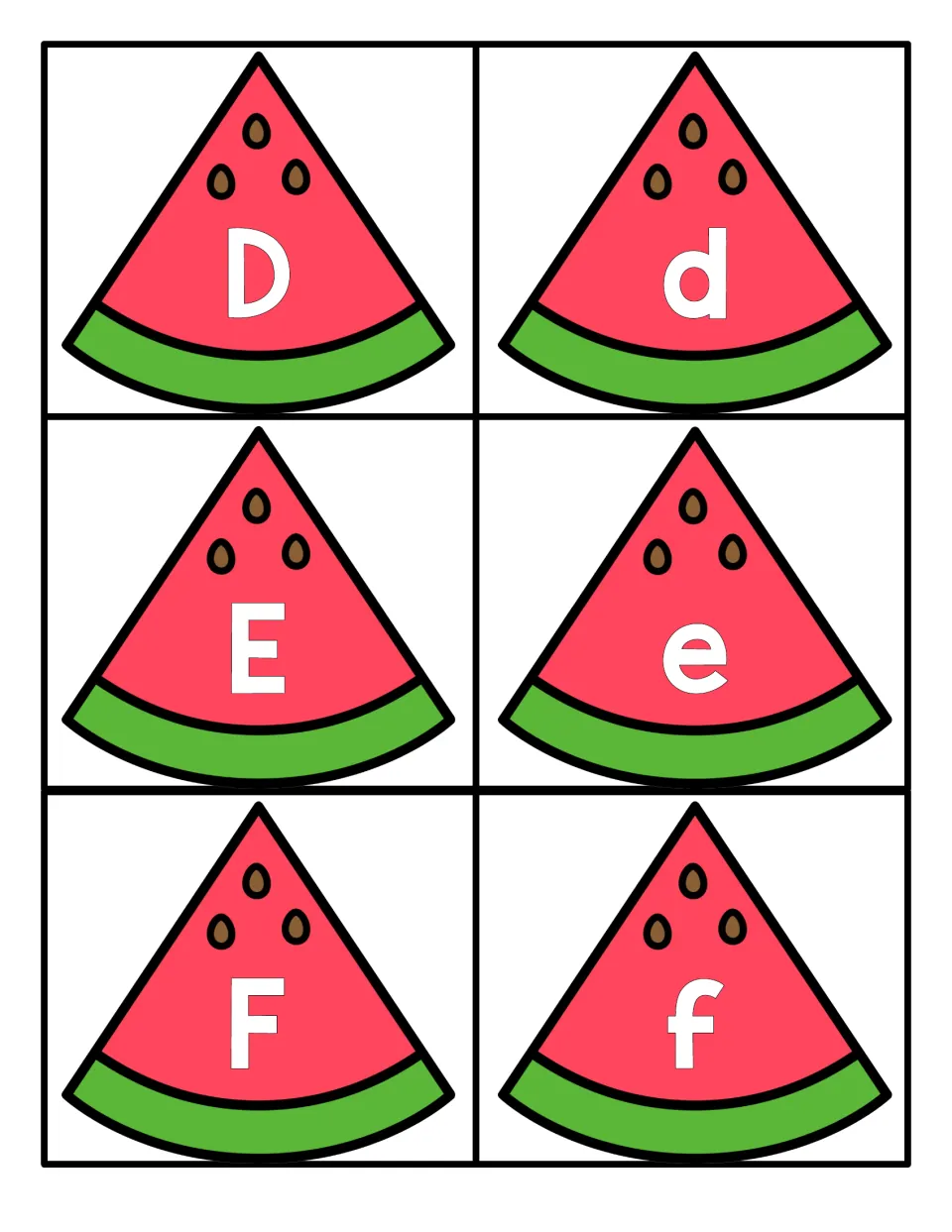 Letters D to F: watermelon slice cards showing capital D, E, F beside lowercase d, e, f for matching letter pairs