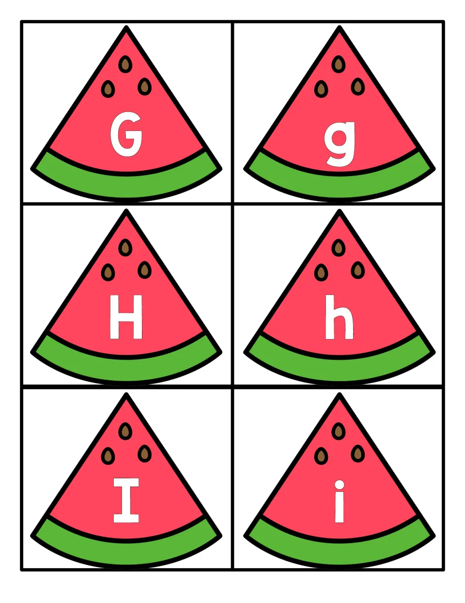 Letters G to I: slice cards with uppercase G, H, I and lowercase g, h, i so children can pair each capital letter