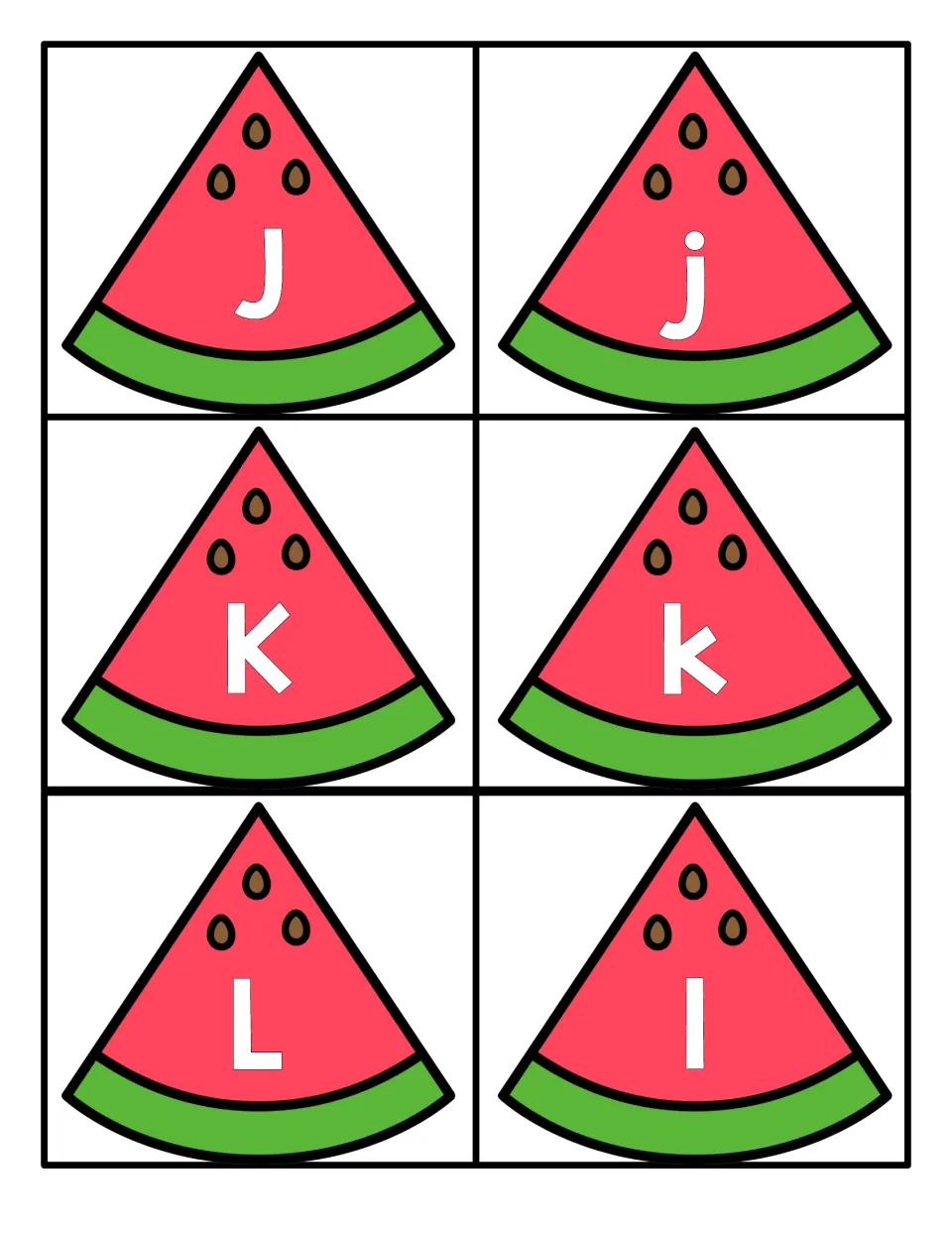 Letters J to L: watermelon cards with capital J, K, L and lowercase j, k, l for practising upper and lowercase matching