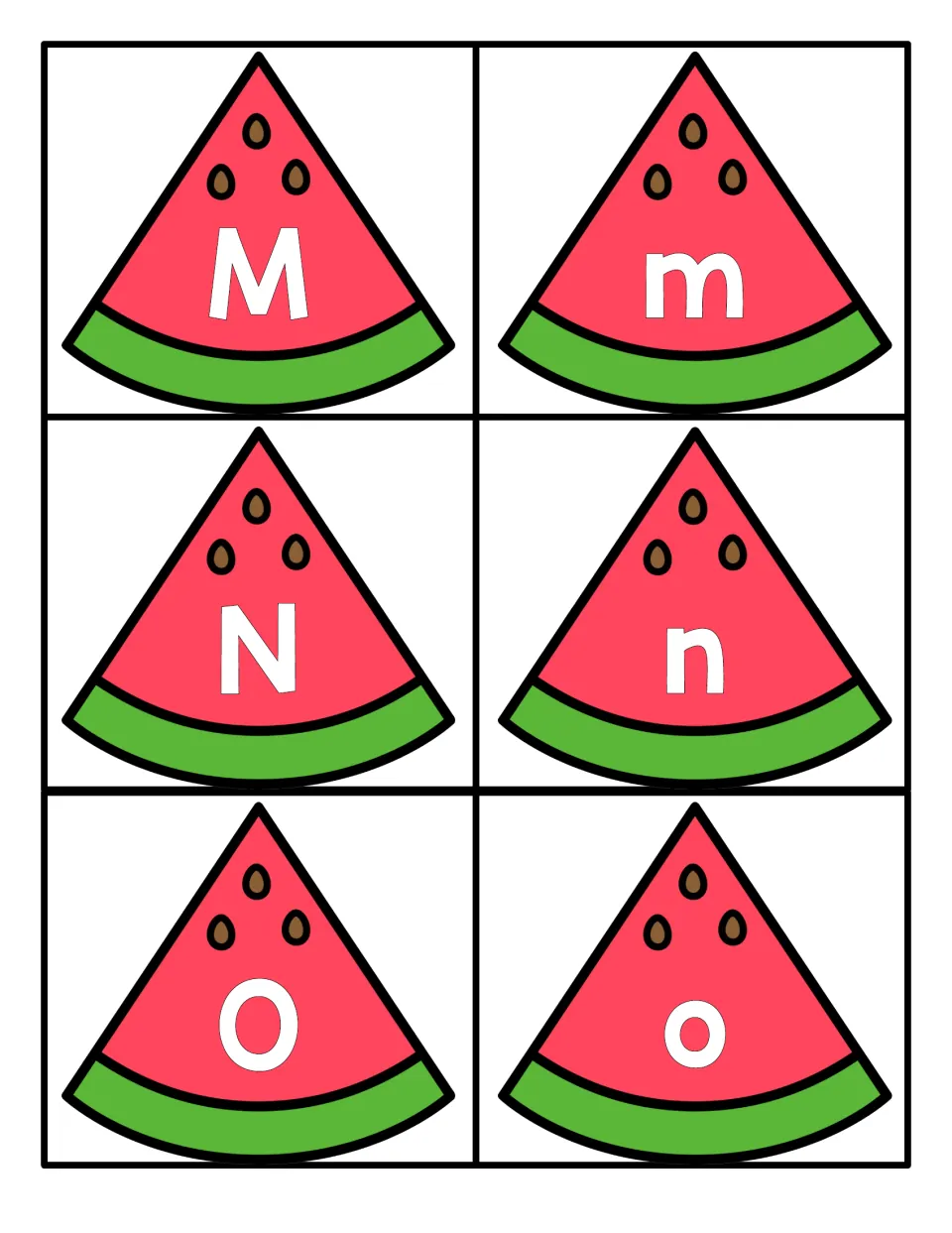 Letters M to O: slice cards pairing uppercase M, N, O with lowercase m, n, o for naming and matching letter forms