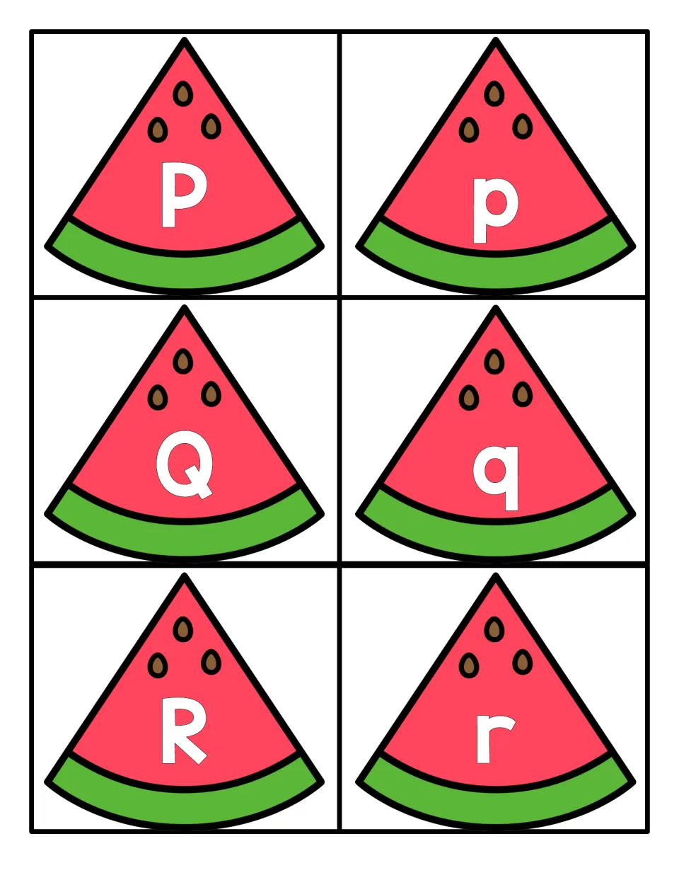 Letters P to R: watermelon cards with uppercase P, Q, R and lowercase p, q, r, including the often-confused p and q