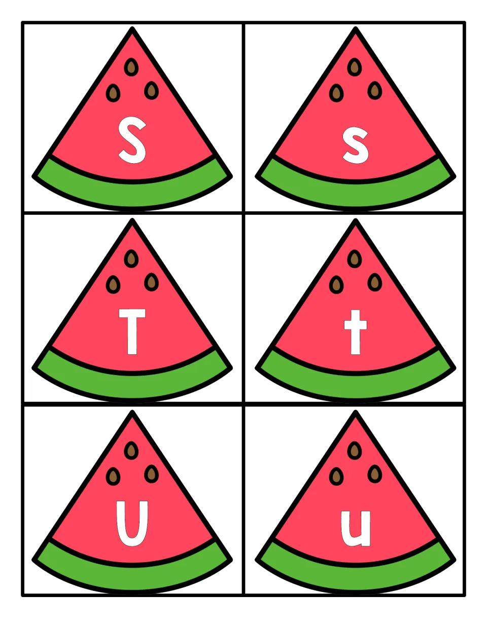 Letters S to U: slice cards showing capital S, T, U next to lowercase s, t, u for recognising matching letter pairs
