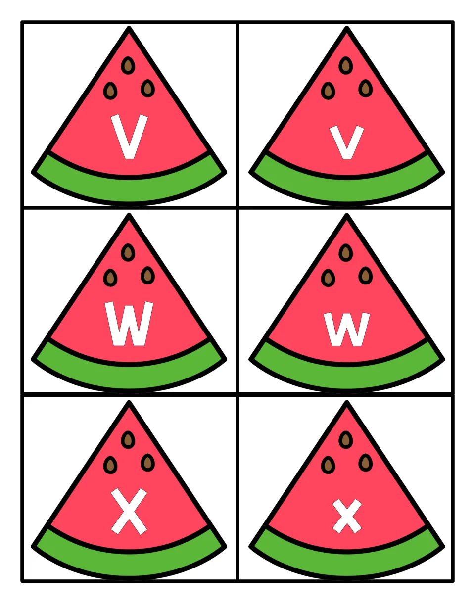 Letters V to X: watermelon cards with uppercase V, W, X and lowercase v, w, x for pairing letters that look alike