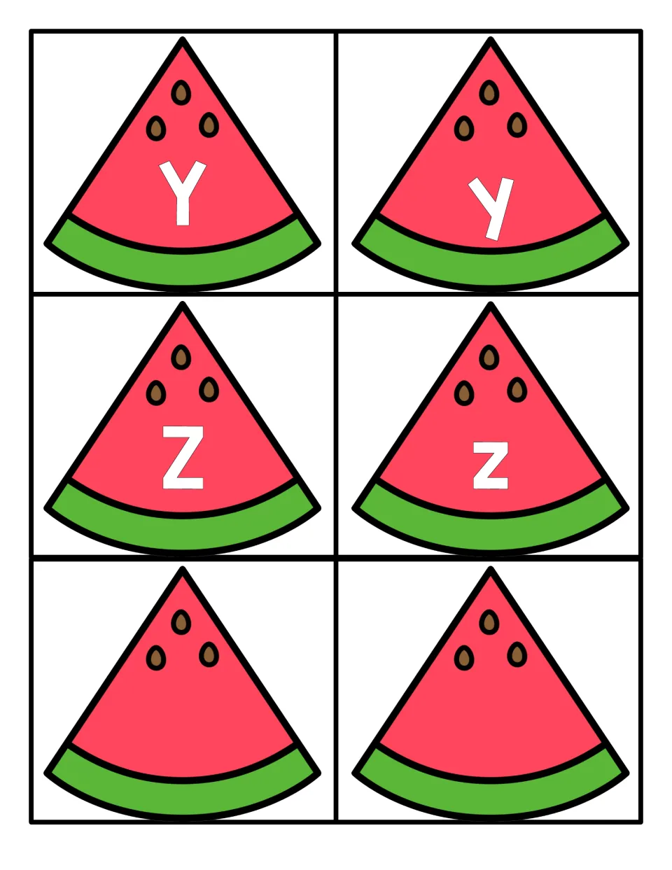 Letters Y and Z: slice cards for uppercase Y, Z and lowercase y, z, plus two blank watermelon slices with no letter