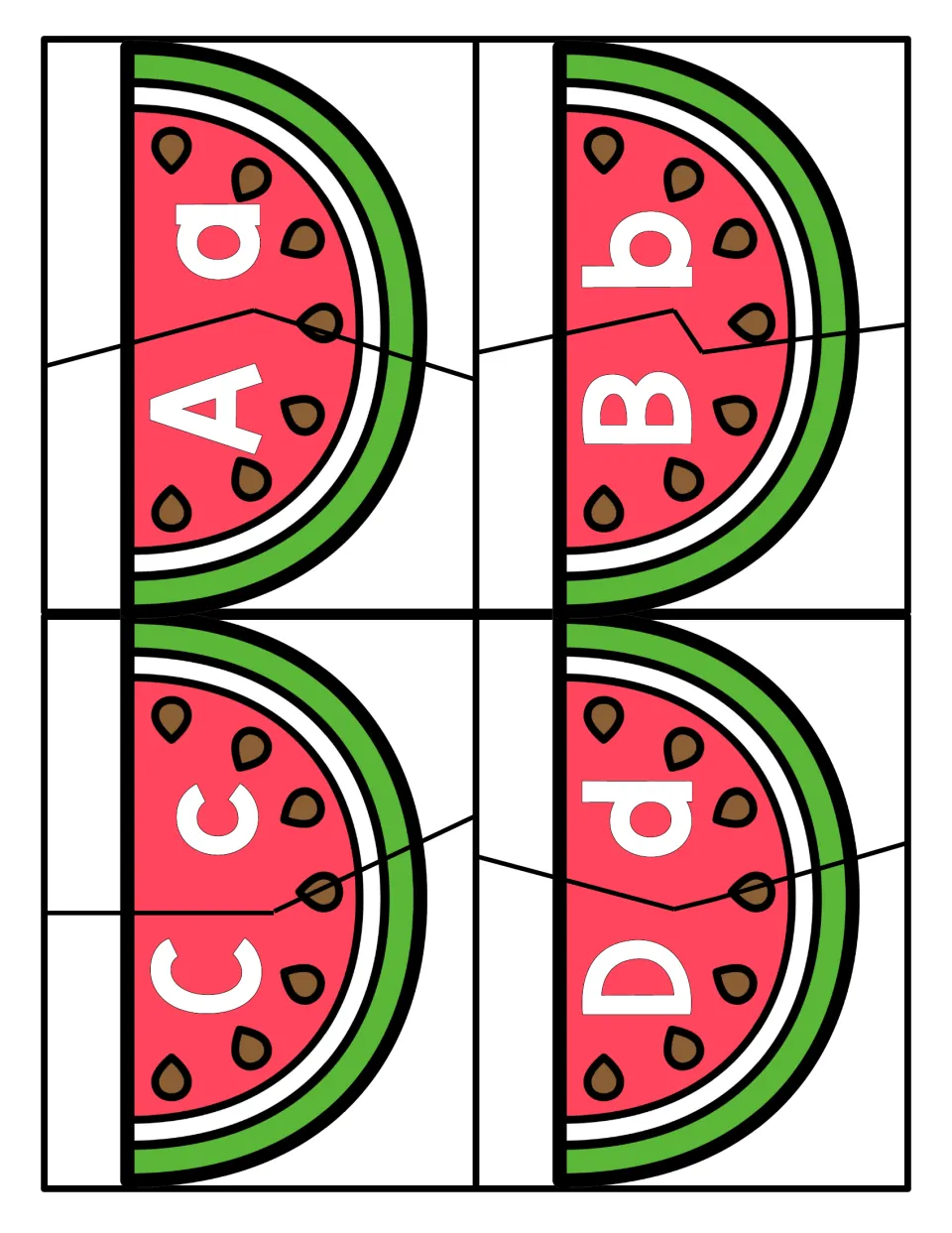 Letters A to D: four watermelon slices, each cut in two pieces, so students match uppercase A, B, C, D to lowercase a-d