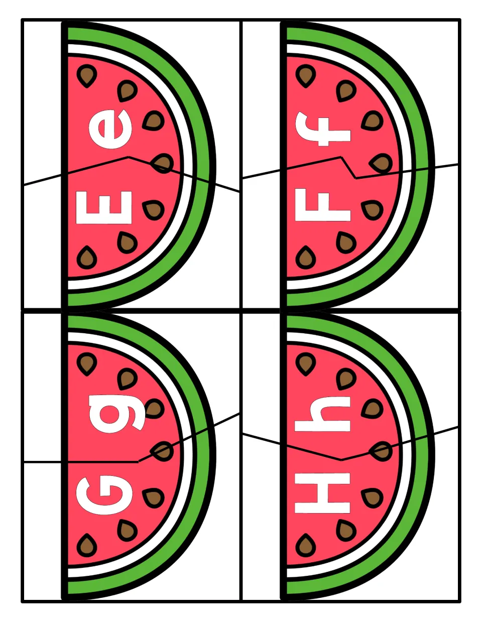Letters E to H: two-piece watermelon slices; students join uppercase E, F, G, H to lowercase e, f, g, h in letter matching