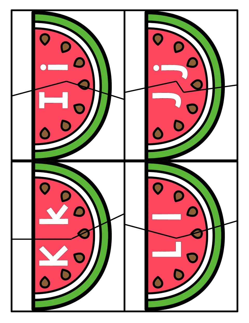 Letters I to L: watermelon slices split by a cut; students fit uppercase I, J, K, L to lowercase i, j, k, l to match case