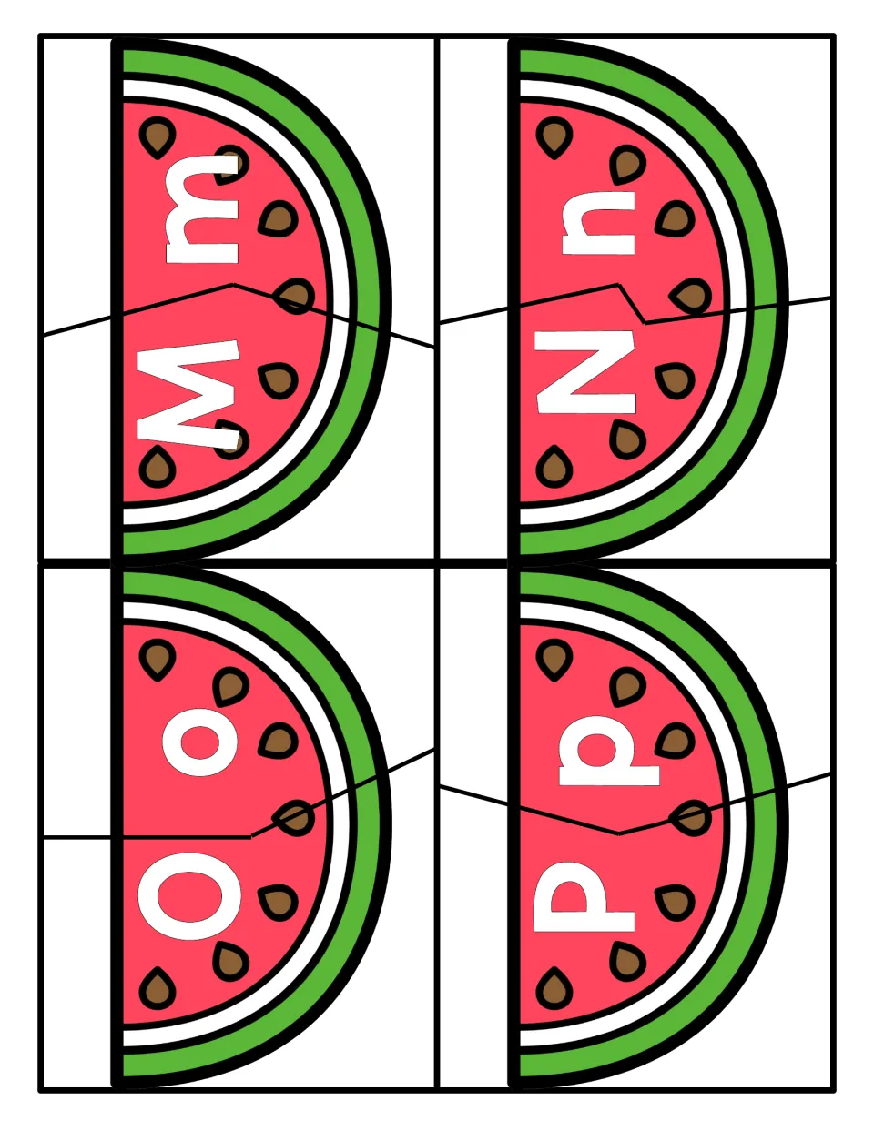 Letters M to P: students assemble watermelon slices pairing uppercase M, N, O, P with lowercase m, n, o, p to match letters