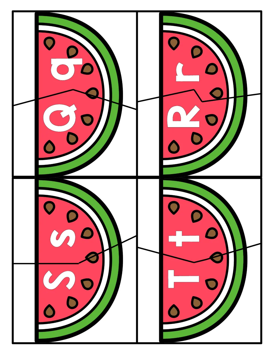 Letters Q to T: watermelon puzzles where students connect uppercase Q, R, S, T to lowercase q, r, s, t by matching
