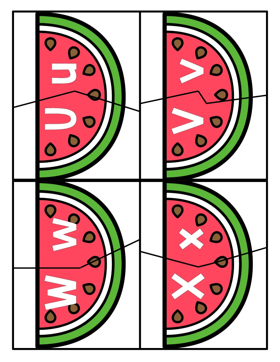 Letters U to X: watermelon slice halves; students rejoin uppercase U, V, W, X with lowercase u, v, w, x to match case