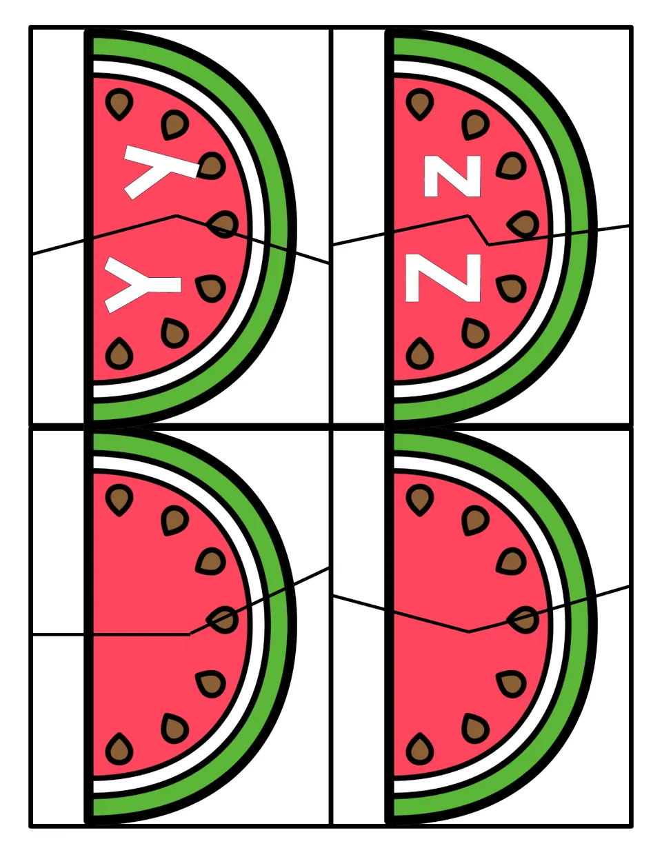 Letters Y and Z: students match uppercase Y, Z to lowercase y, z on watermelon slices, plus two blank two-piece slices