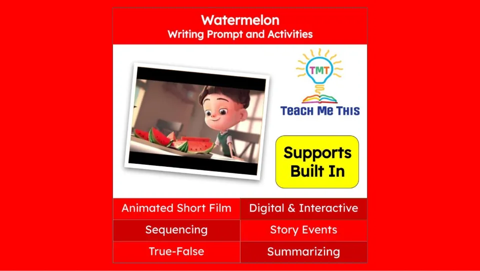 Cover of the animated writing lesson, listing sequencing, story events, true-false, and summarizing