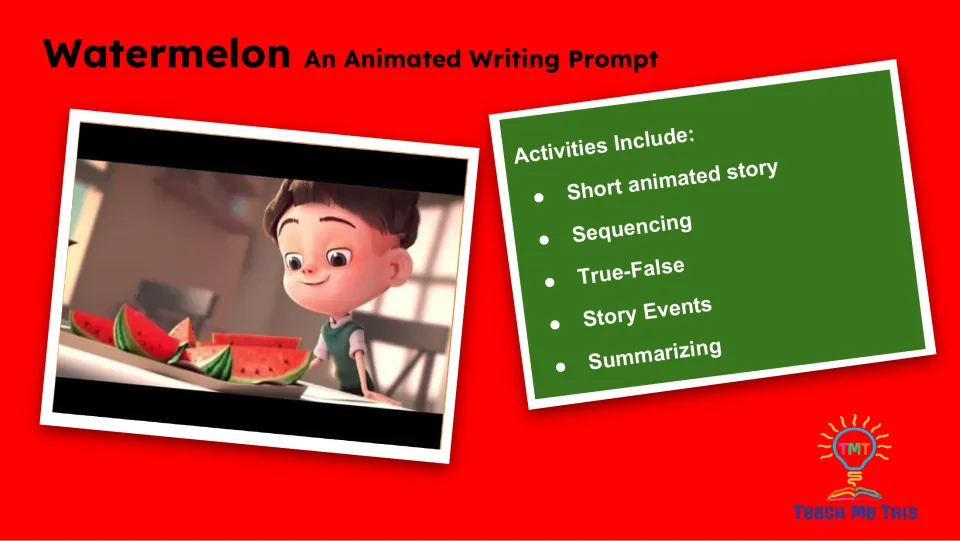 Lesson overview lists a short animated story, sequencing, true-false, story events, and summarizing