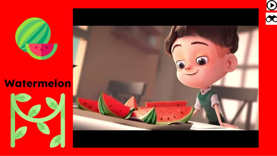 Film viewing slide shows a boy looking at watermelon slices, with a play symbol for the animated story