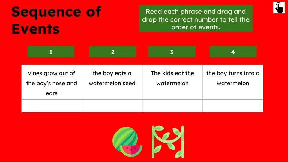 Sequencing activity asks students to order four events: eating a seed, growing vines, transforming, and being eaten