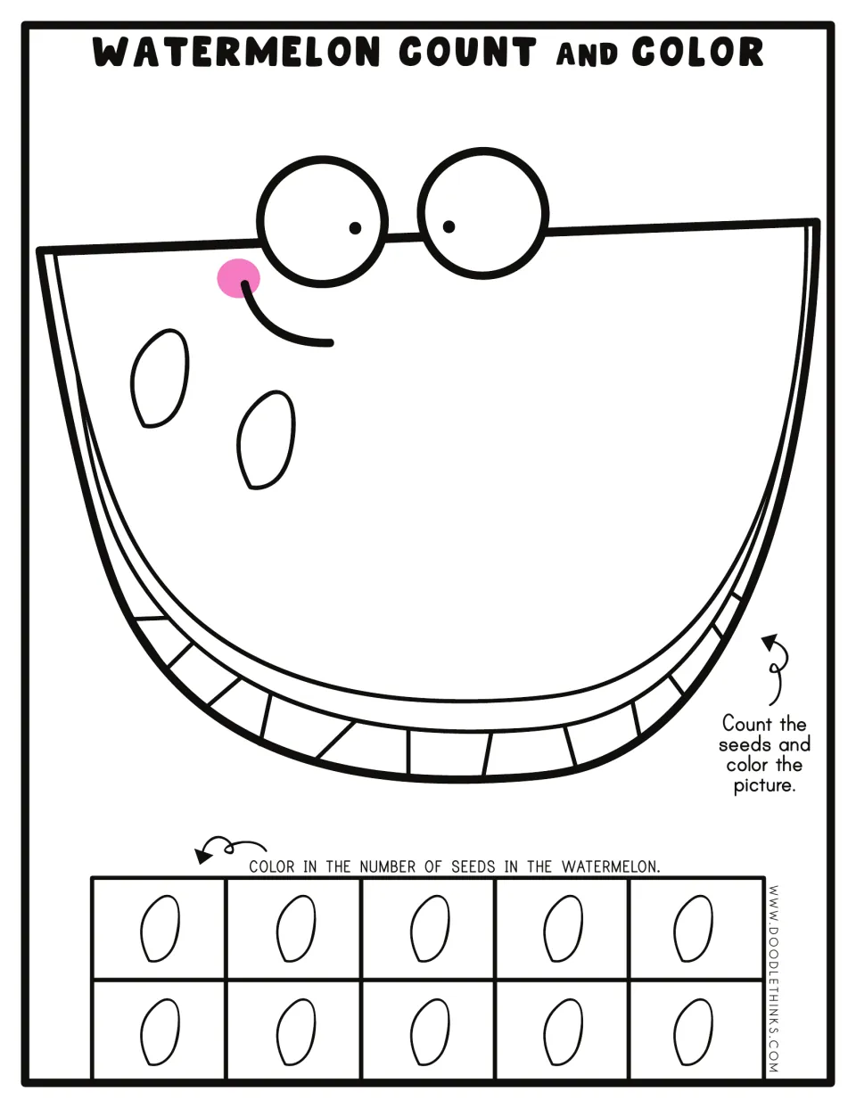 Counting to 2: students count two seeds on the cartoon watermelon, color 2 seeds in the ten frame, then color the slice