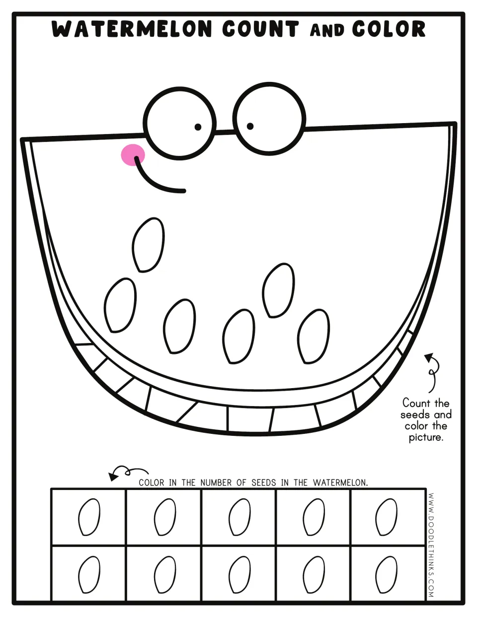 Counting to 6: students count six seeds on the smiling watermelon and show 6 on the ten frame as five and one more