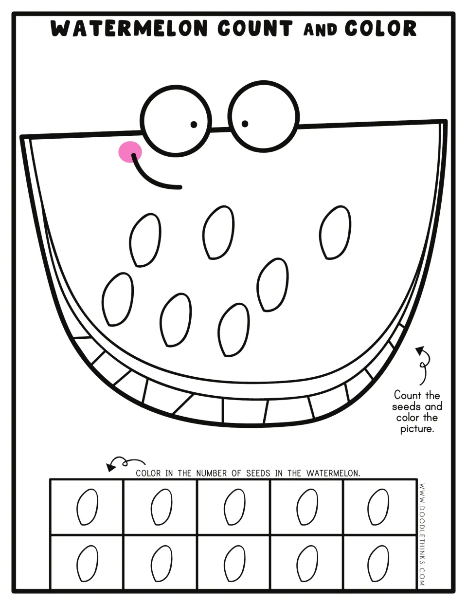 Counting to 7: students count seven seeds scattered on the watermelon slice and color seven seed spaces in the ten frame